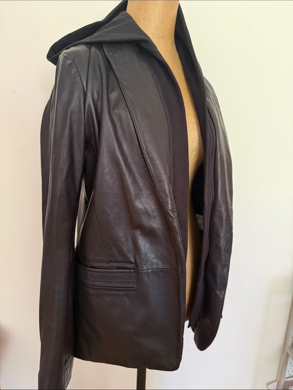 Doma sz XL Black Leather Hooded Blazer Jacket open front zip out hood good cond